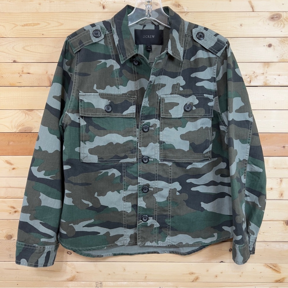 J. Crew NWOT Camouflage Canvas Green Button Up 100% Cotton Utility Jacket Size M